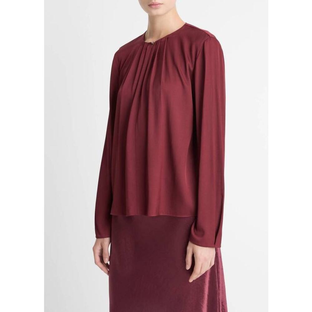 Vince Silk Blend Pleated Neck Blouse in Bordeaux L - Picture 2 of 4